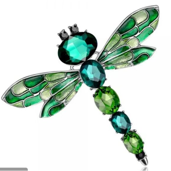 Green & Blue 2.5" Crystal Dragonfly Brooch Pin Enamel Wings - Picture 1 of 1